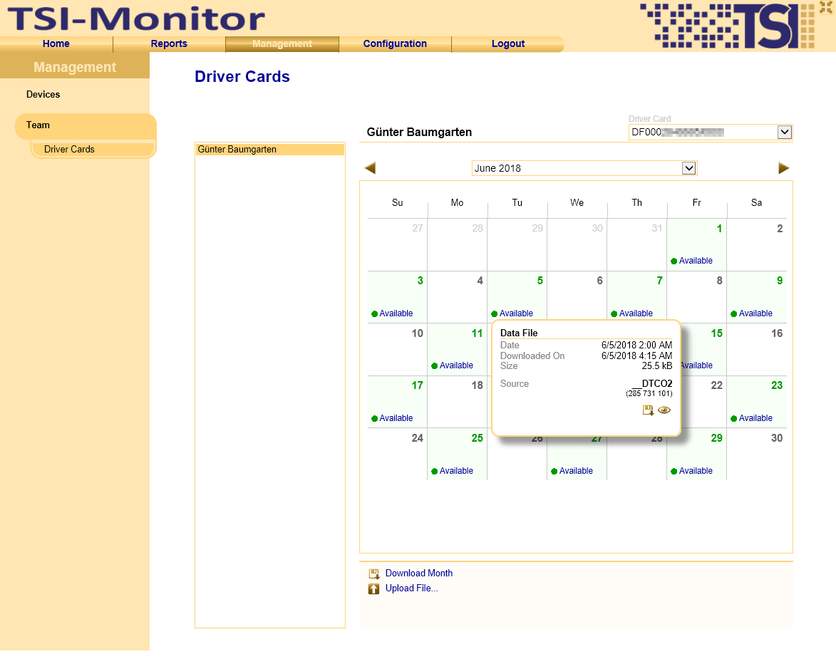 Overview of data from driver cards